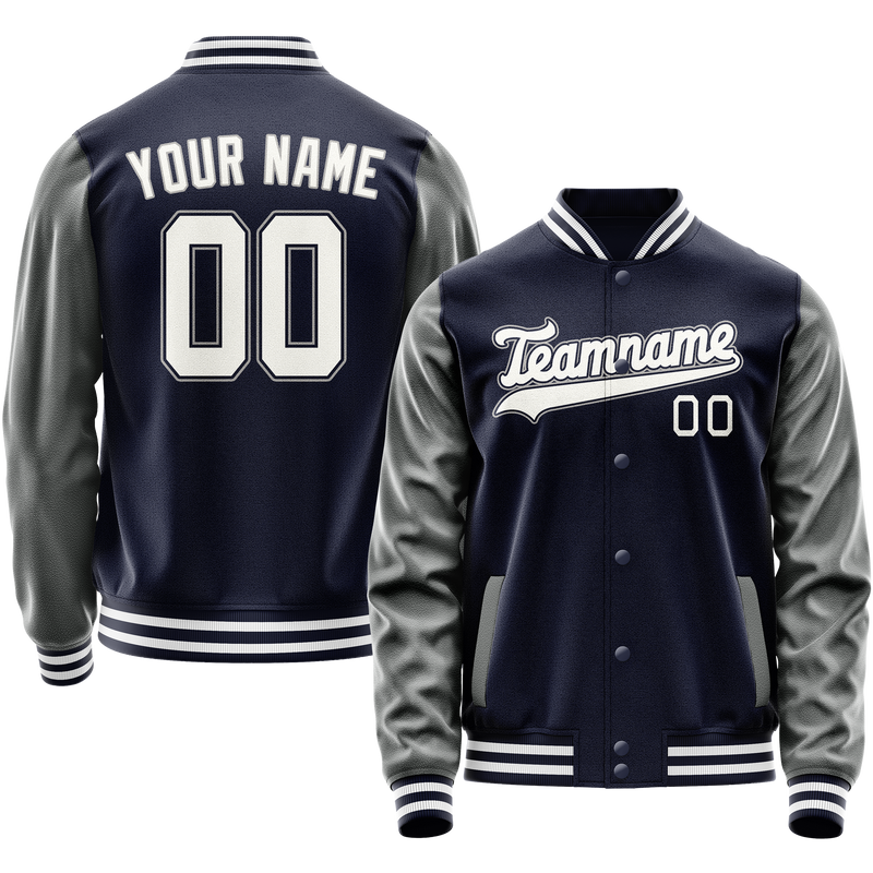 Custom Navy Gray Solid Color Varsity Letterman Jacket JA02240617KZ272