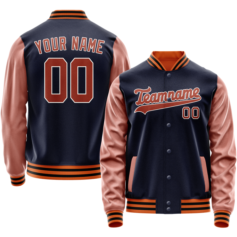 Custom Navy Brown Solid Color Varsity Letterman Jacket JA02240617KZ275