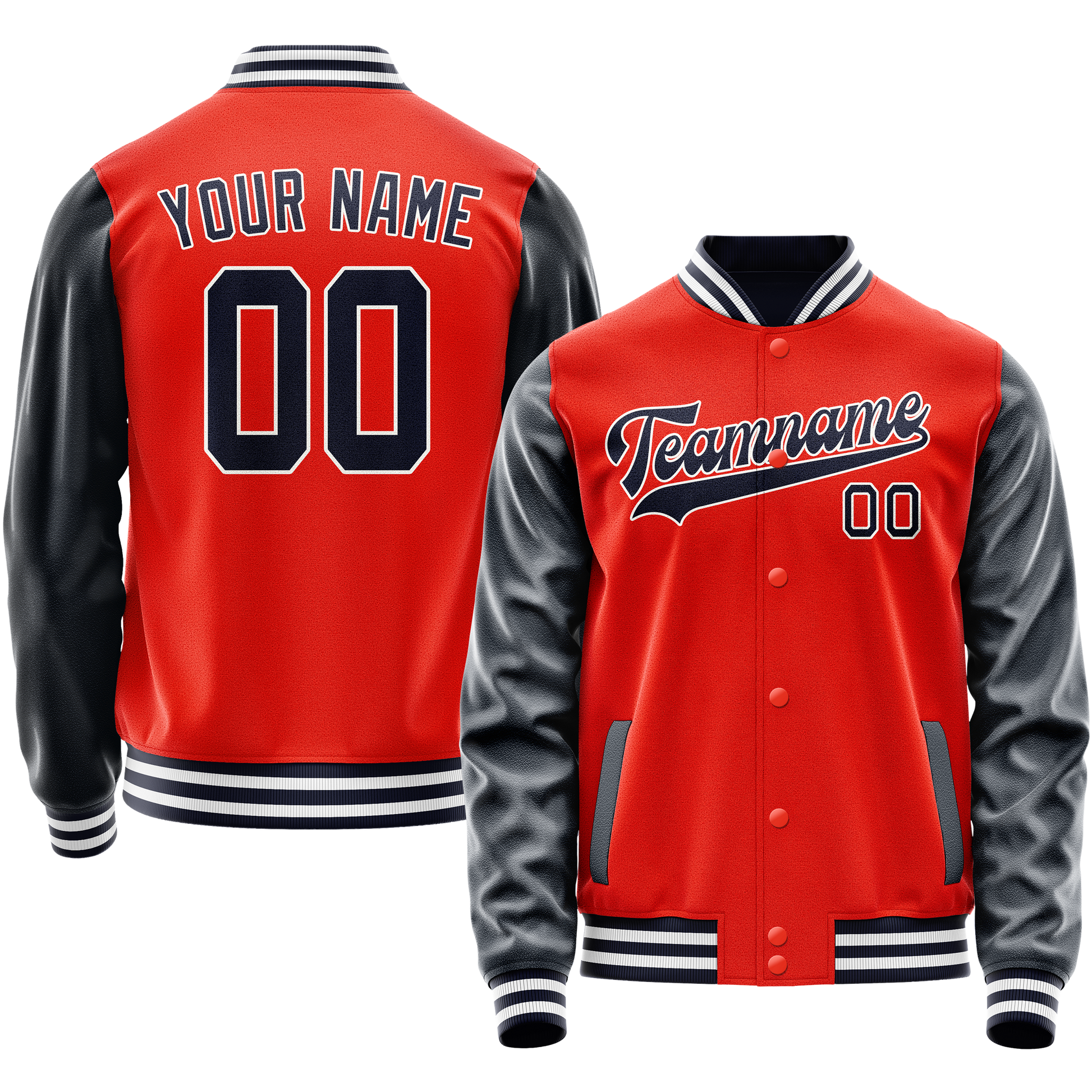 Custom Orange Navy Solid Color Varsity Letterman Jacket JA02240617XE353