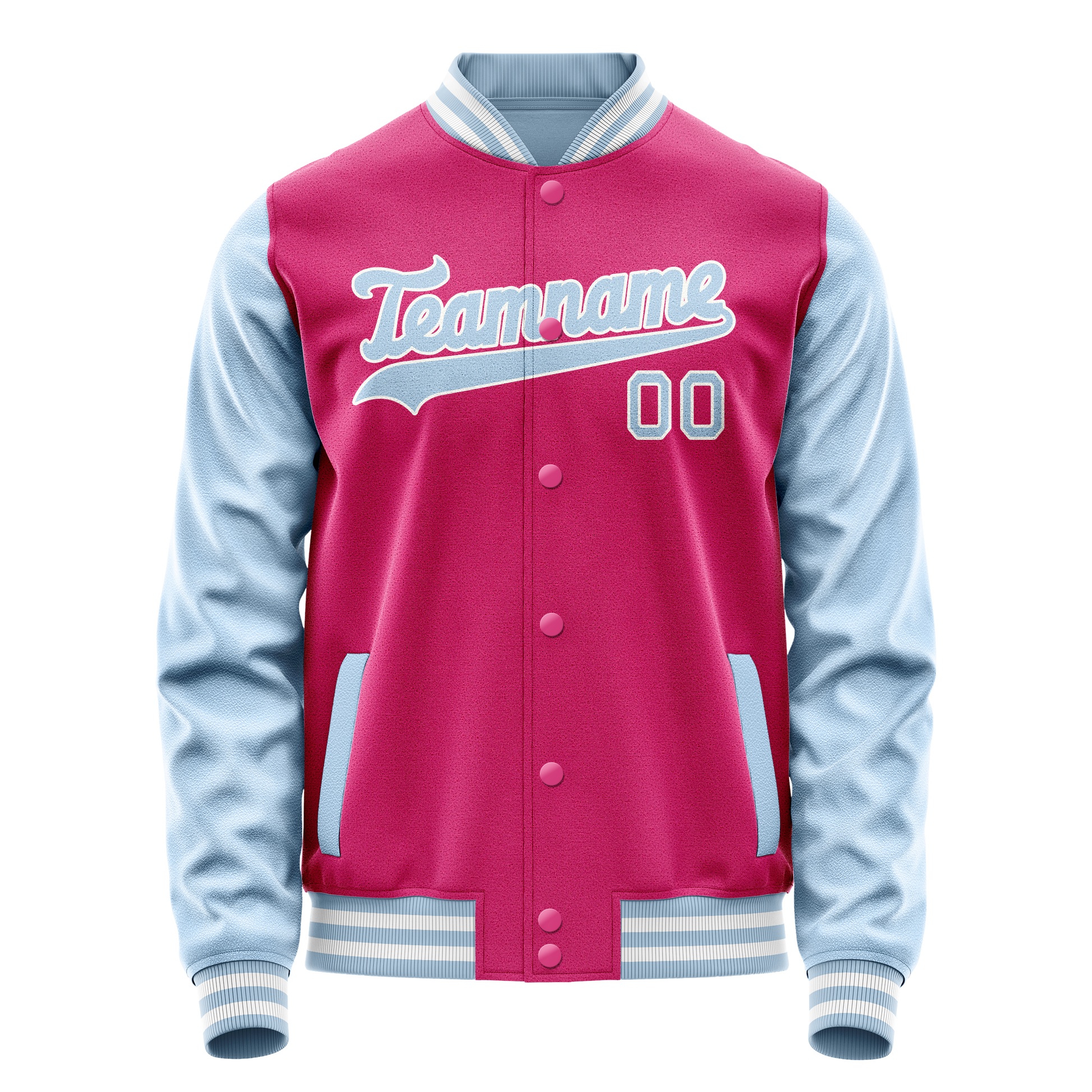 Custom Pink Light-Blue Solid Color Varsity Letterman Jacket JA02240617SH320