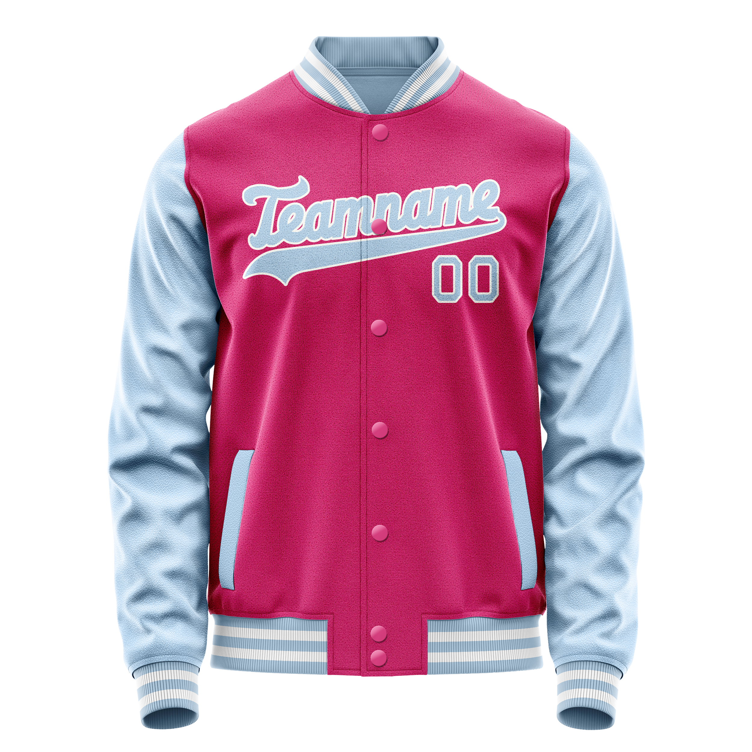 Custom Pink Light-Blue Solid Color Varsity Letterman Jacket JA02240617SH320
