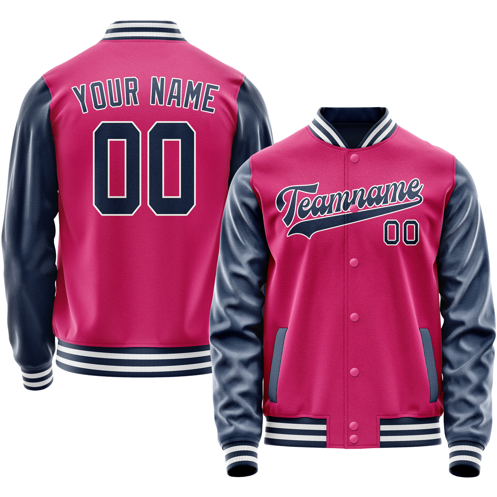 Custom Pink Navy Solid Color Varsity Letterman Jacket JA02240617SH311