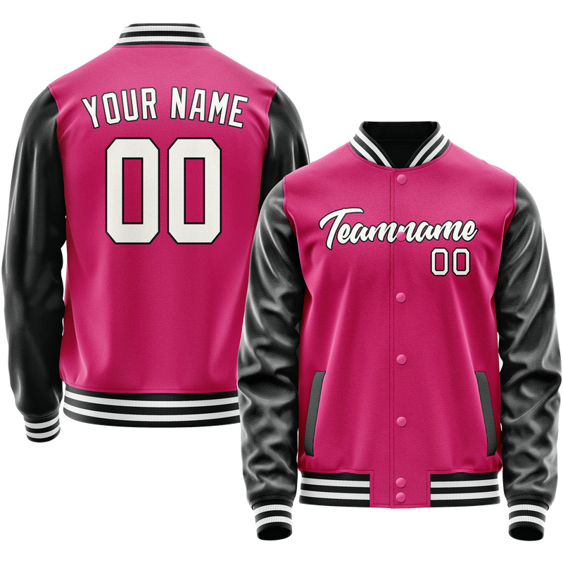 Custom Pink Black Solid Color Varsity Letterman Jacket JA02240617SH303