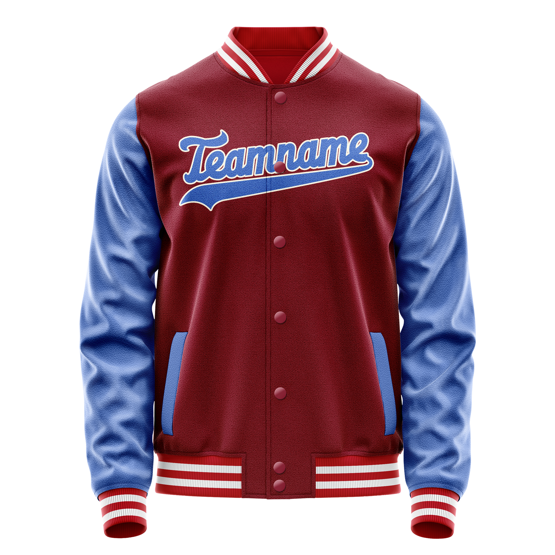 Custom Crimson Light-Blue Solid Color Varsity Letterman Jacket JA02240617KZ528
