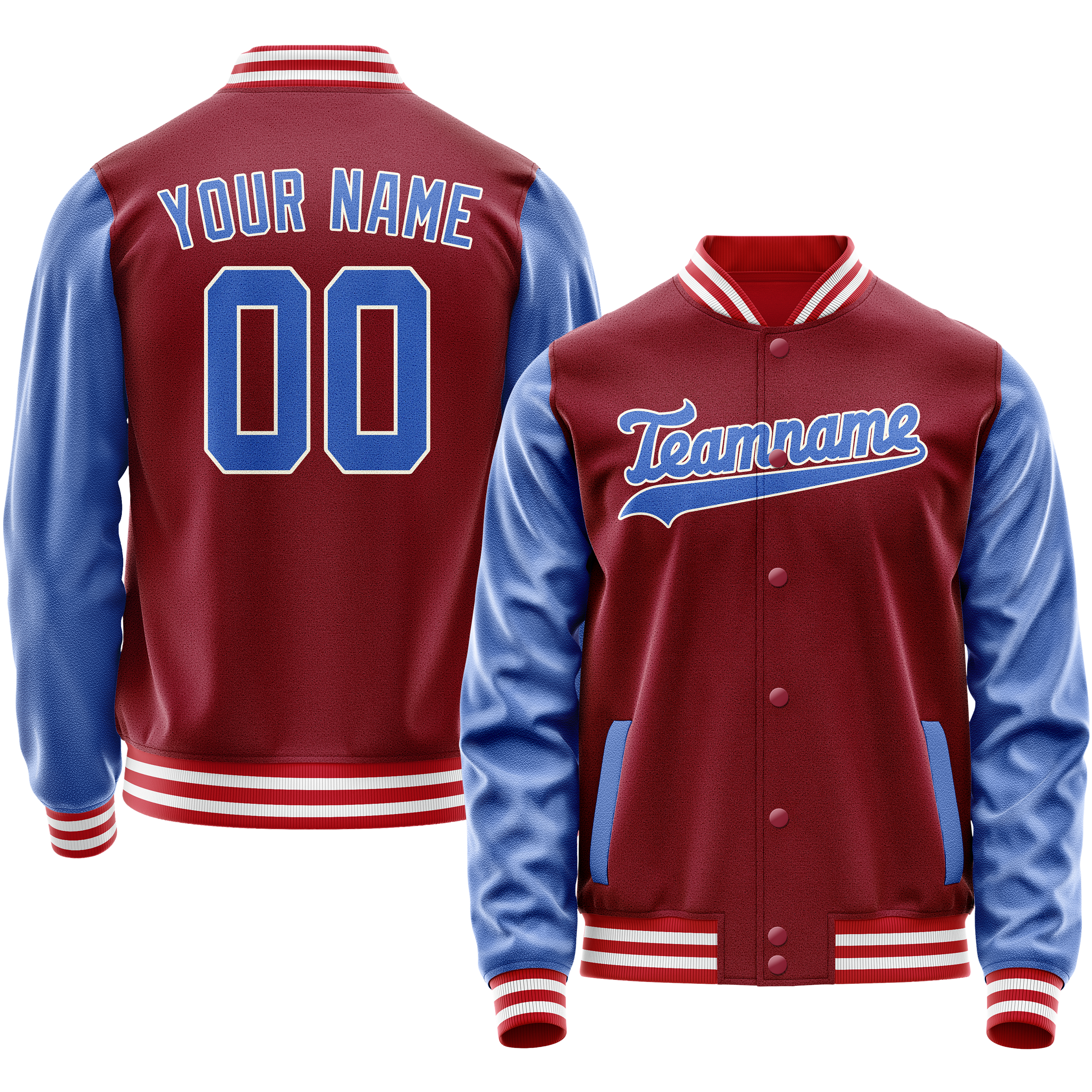 Custom Crimson Light-Blue Solid Color Varsity Letterman Jacket JA02240617KZ528