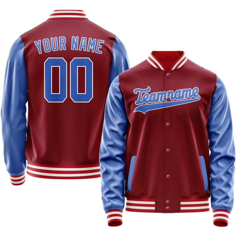 Custom Crimson Light-Blue Solid Color Varsity Letterman Jacket JA02240617KZ528
