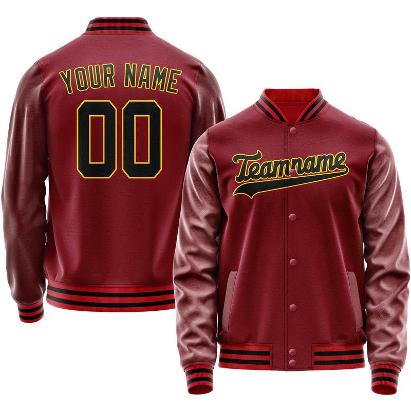 Custom Crimson Black Solid Color Varsity Letterman Jacket JA02240617KZ530