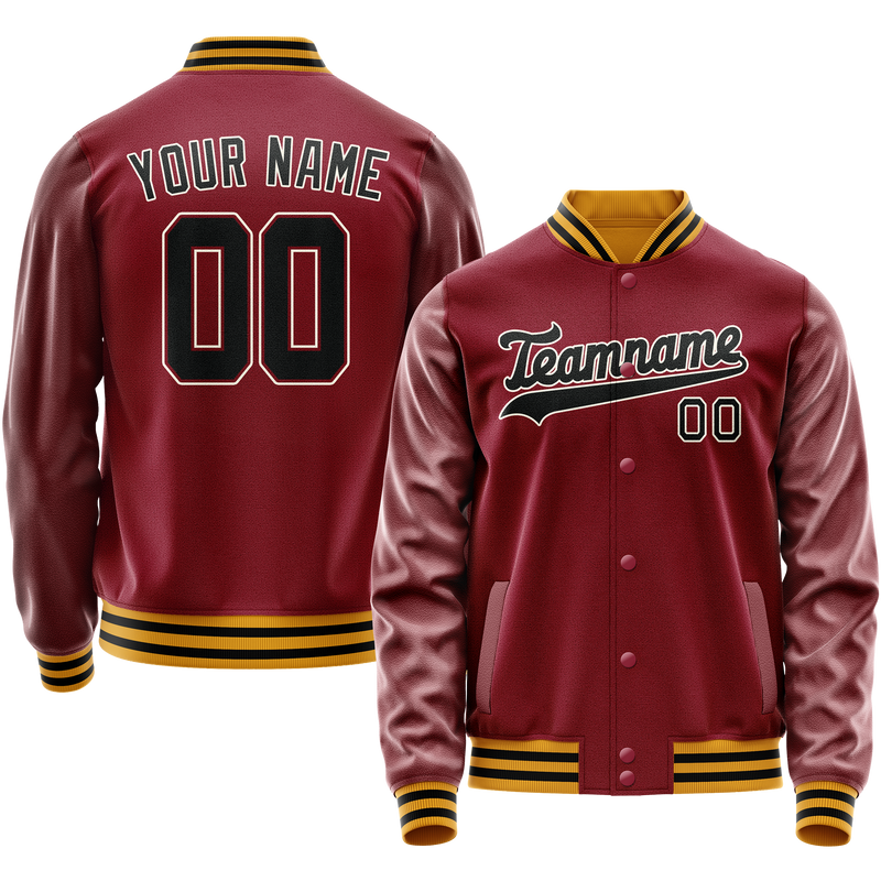 Custom Crimson Black Solid Color Varsity Letterman Jacket JA02240617KZ521