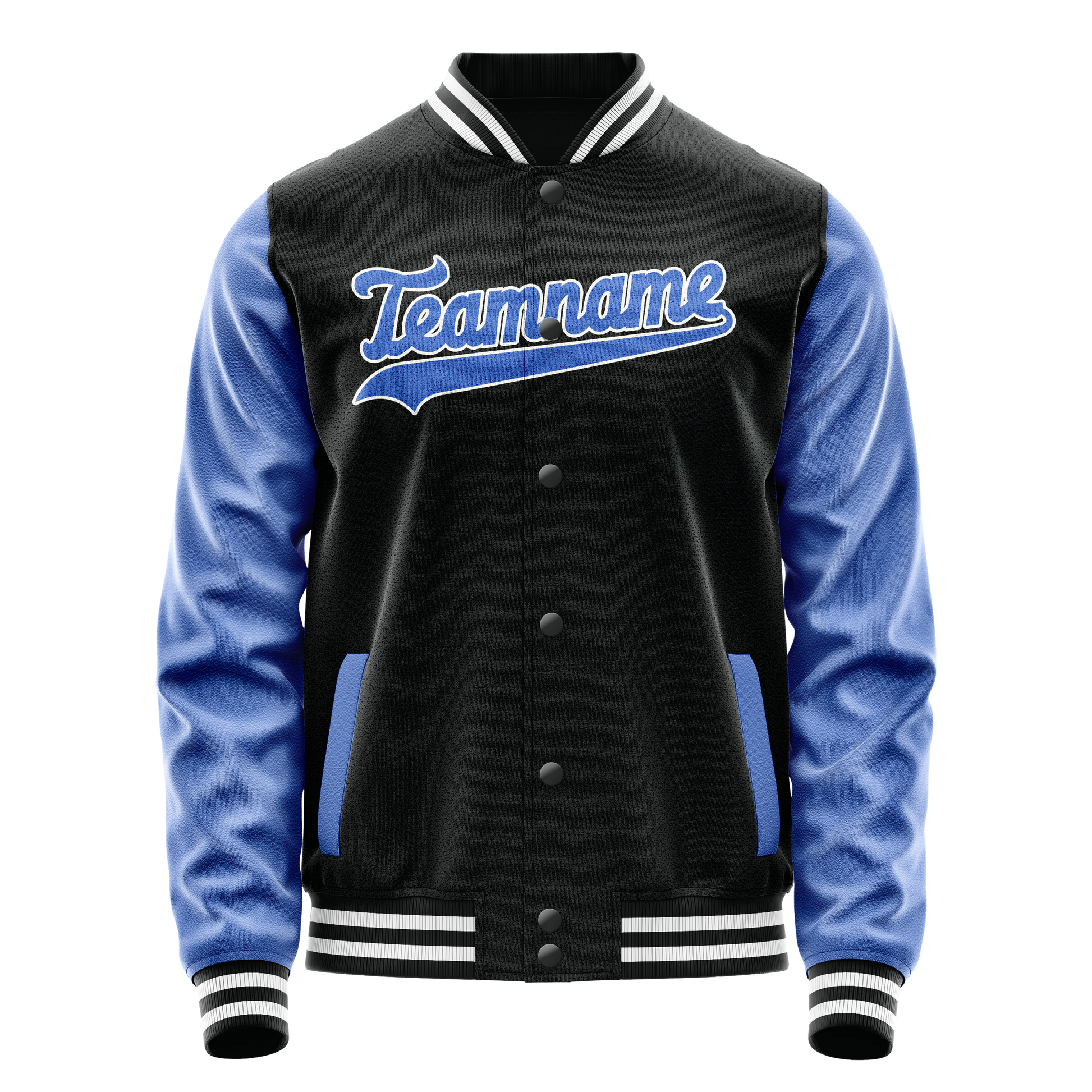 Custom Black Light-Blue Solid Color Varsity Letterman Jacket JA02240617XF030
