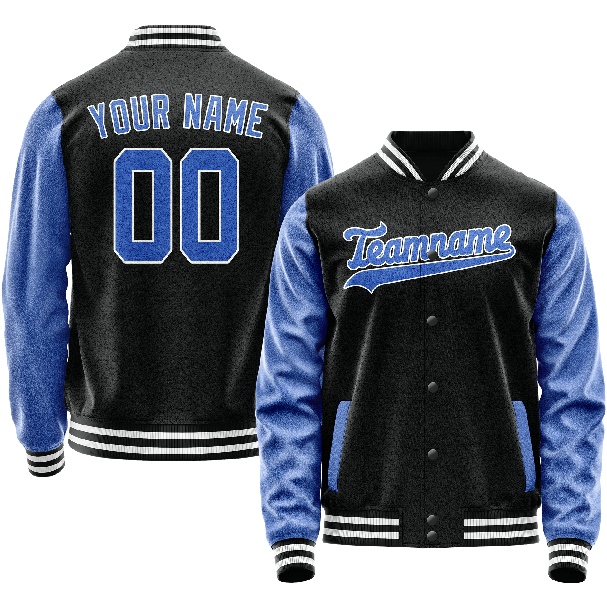 Custom Black Light-Blue Solid Color Varsity Letterman Jacket JA02240617XF030