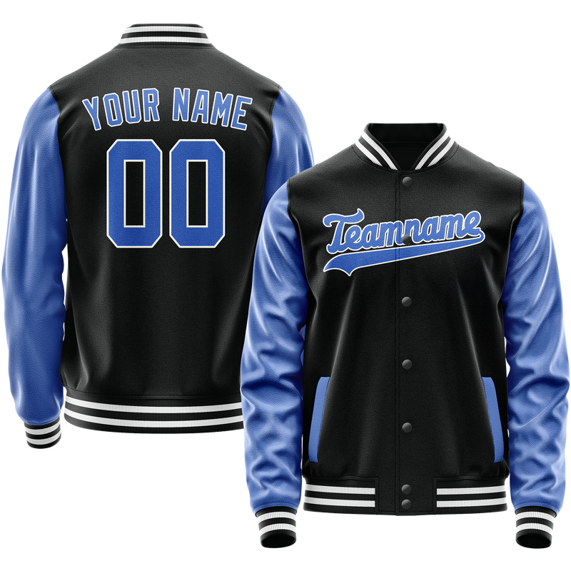 Custom Black Light-Blue Solid Color Varsity Letterman Jacket JA02240617XF030