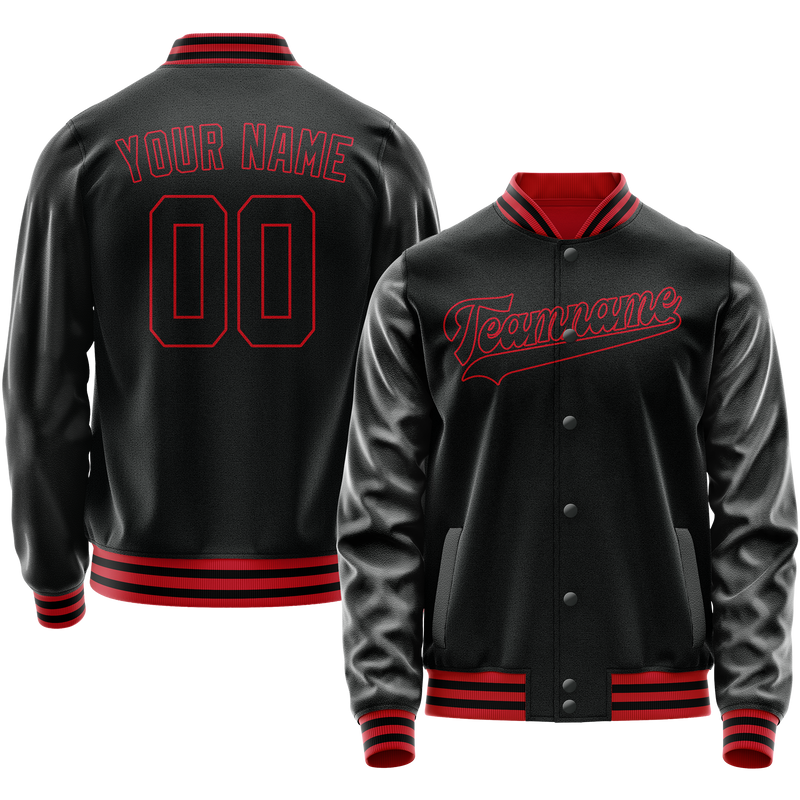 Custom Black Crimson Solid Color Varsity Letterman Jacket JA02240617XF007