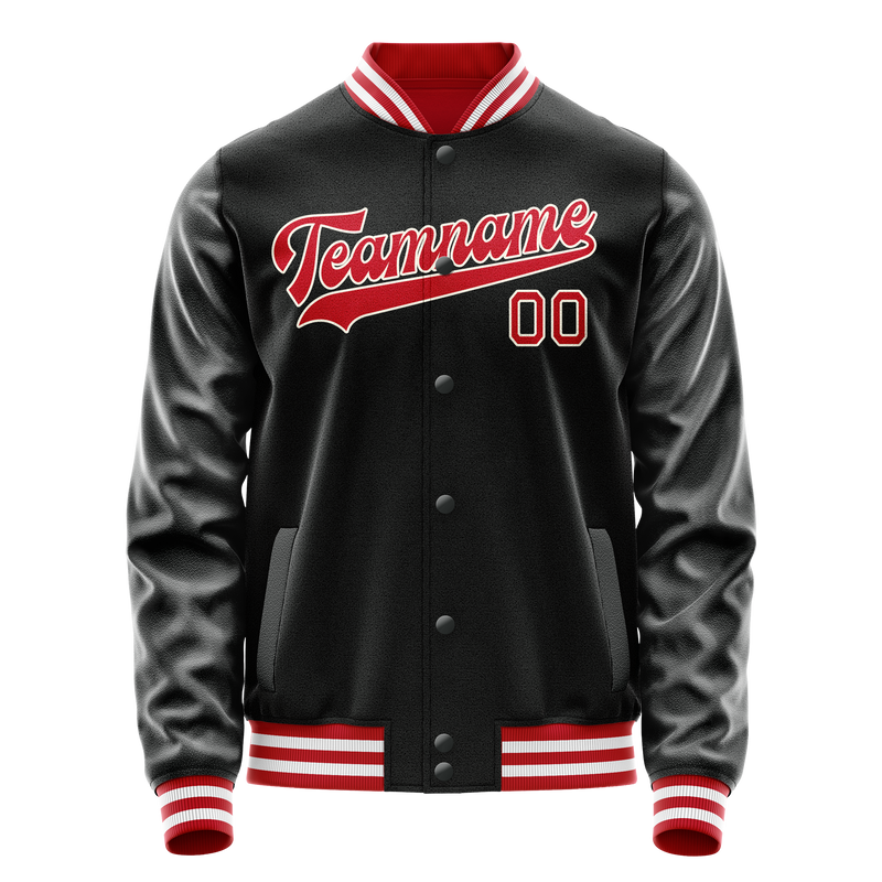 Custom Black Red Solid Color Varsity Letterman Jacket JA02240617XF022