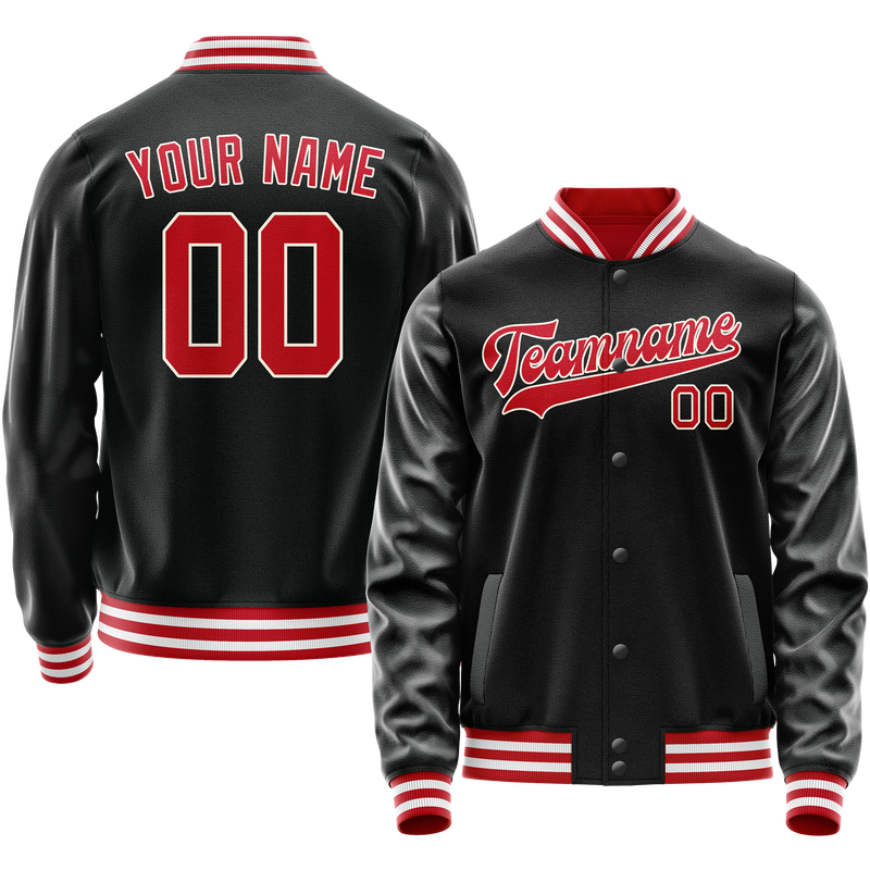 Custom Black Red Solid Color Varsity Letterman Jacket JA02240617XF022