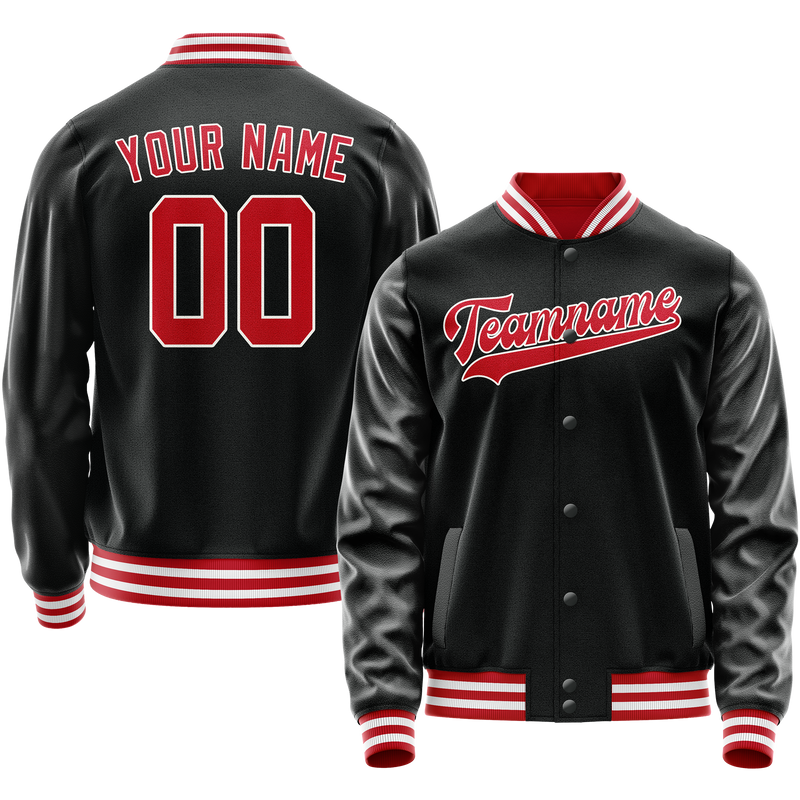 Custom Black Red Solid Color Varsity Letterman Jacket JA02240617XF006