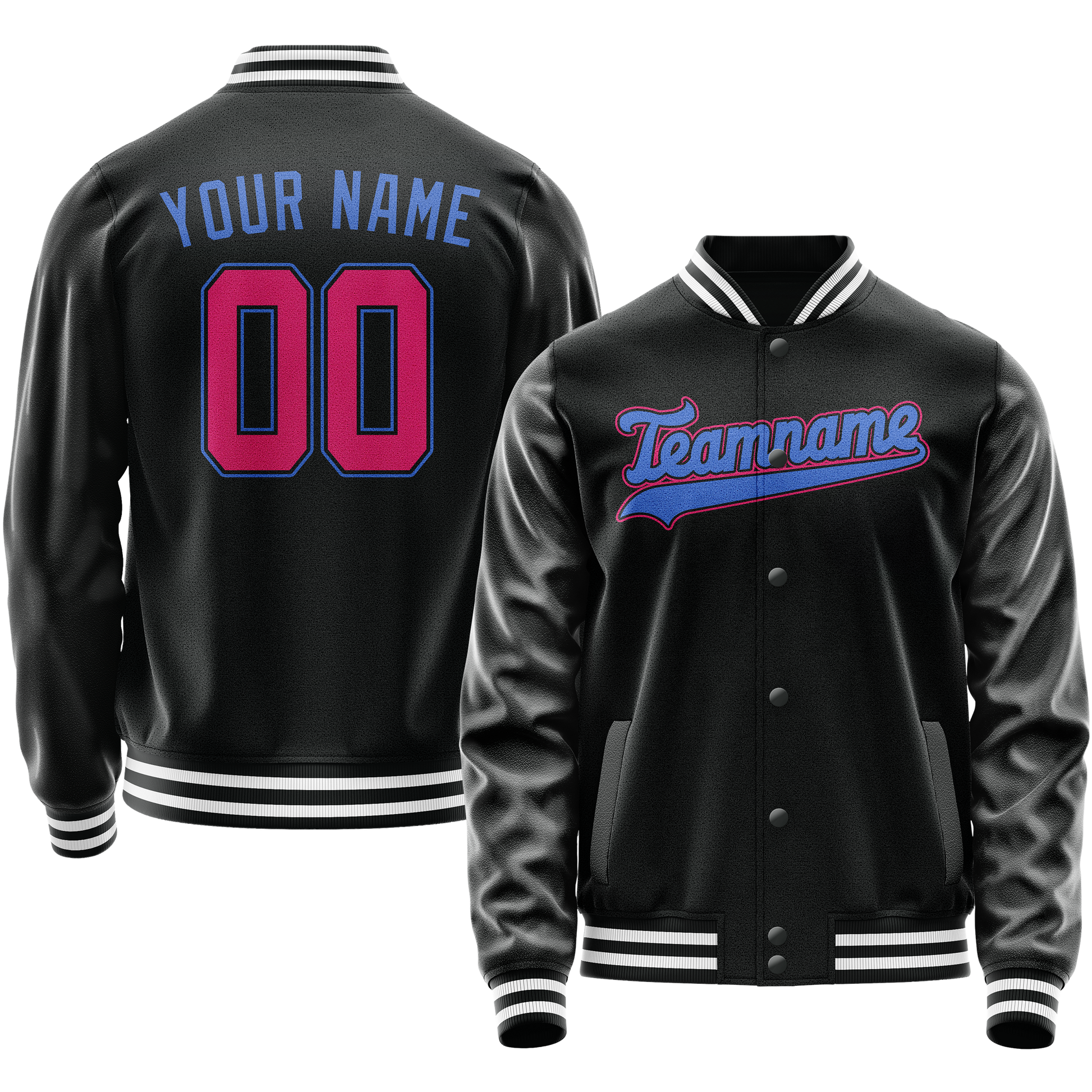 Custom Black Light-Blue Solid Color Varsity Letterman Jacket JA02240617XF003