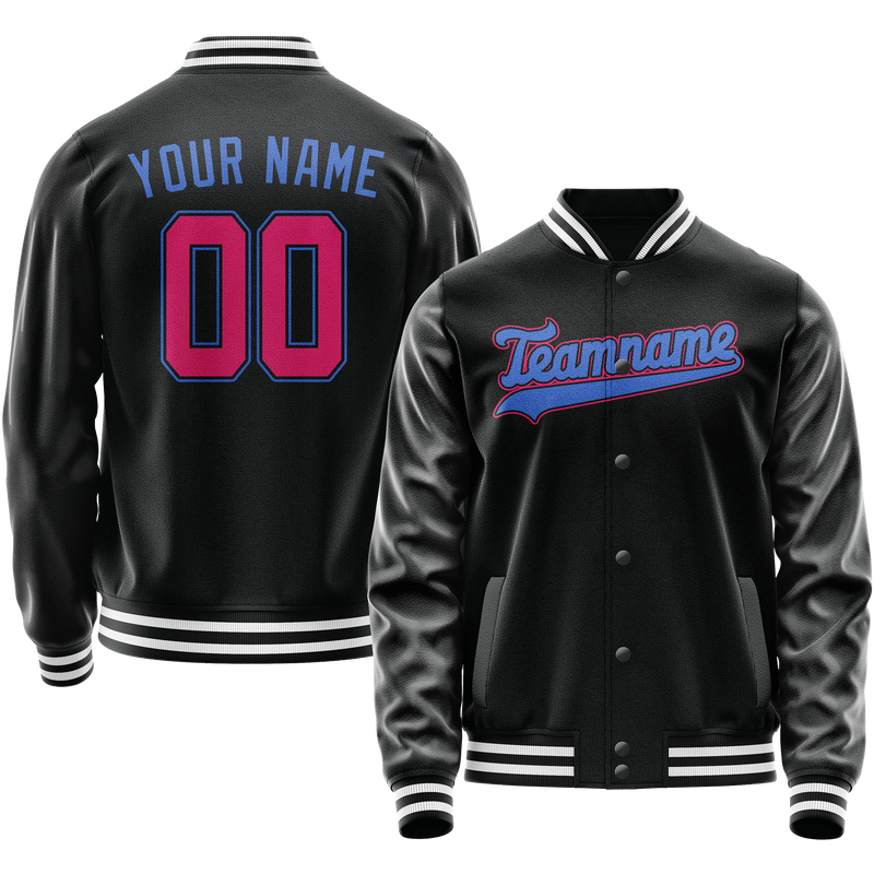 Custom Black Light-Blue Solid Color Varsity Letterman Jacket JA02240617XF003