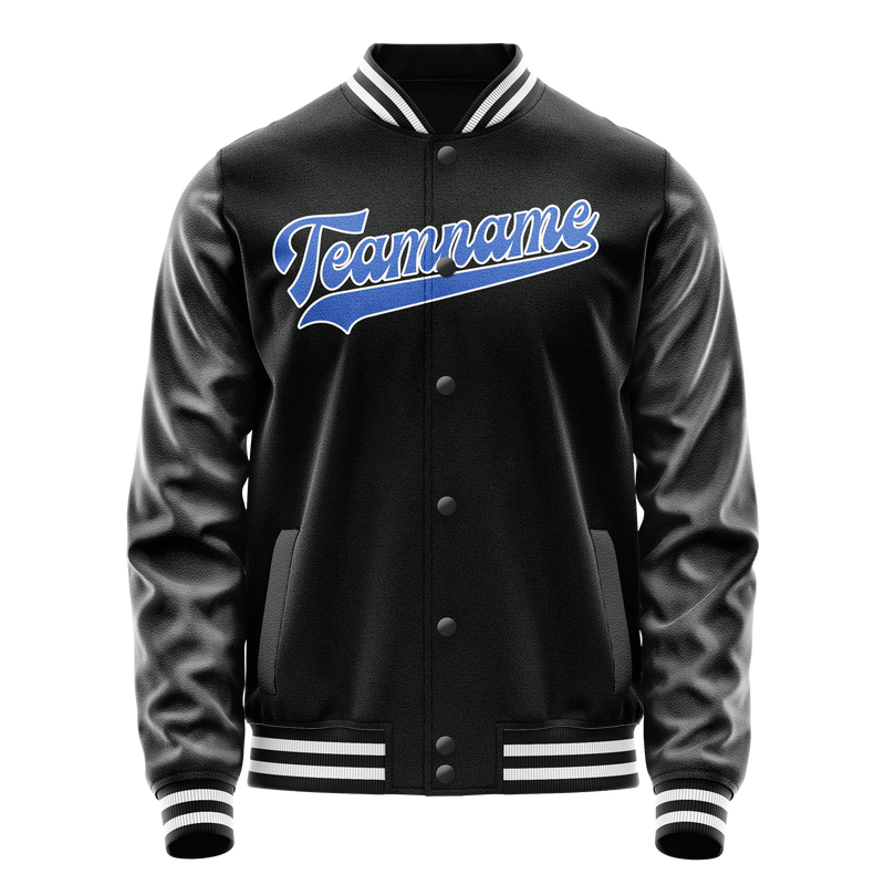 Custom Black Light-Blue Solid Color Varsity Letterman Jacket JA02240617XF009