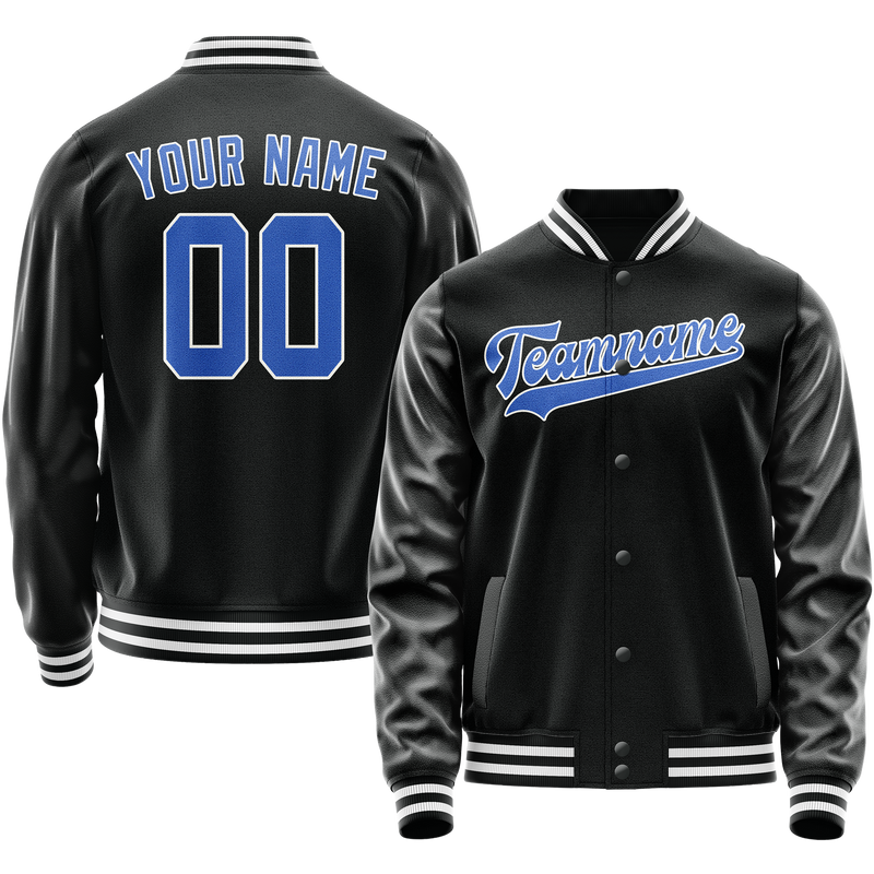 Custom Black Light-Blue Solid Color Varsity Letterman Jacket JA02240617XF009