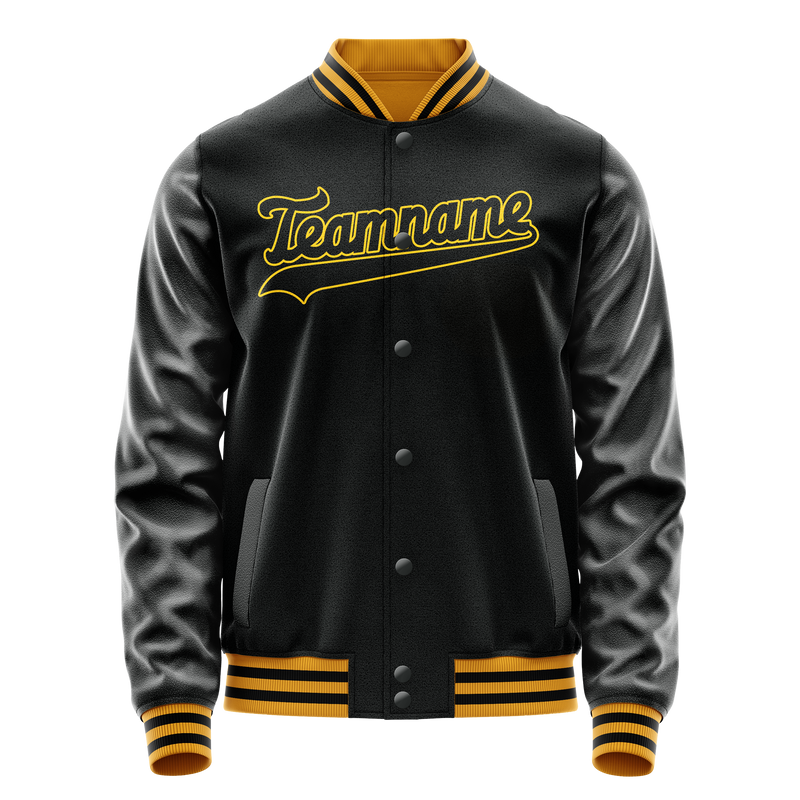 Custom Black Gold Solid Color Varsity Letterman Jacket JA02240617XF025