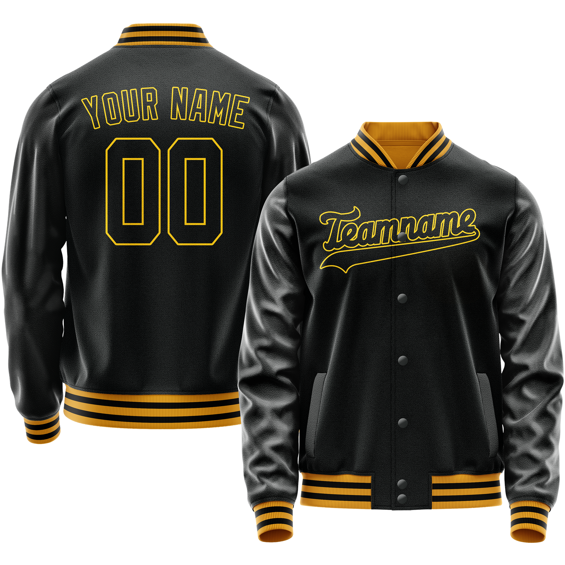 Custom Black Gold Solid Color Varsity Letterman Jacket JA02240617XF025