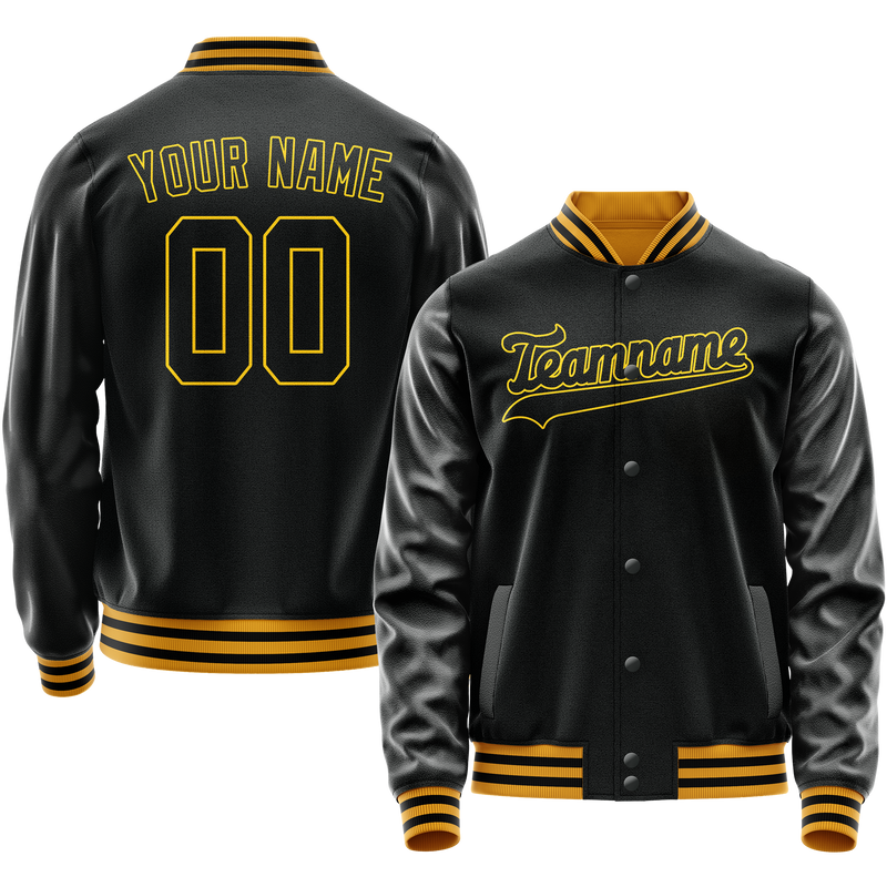 Custom Black Gold Solid Color Varsity Letterman Jacket JA02240617XF025