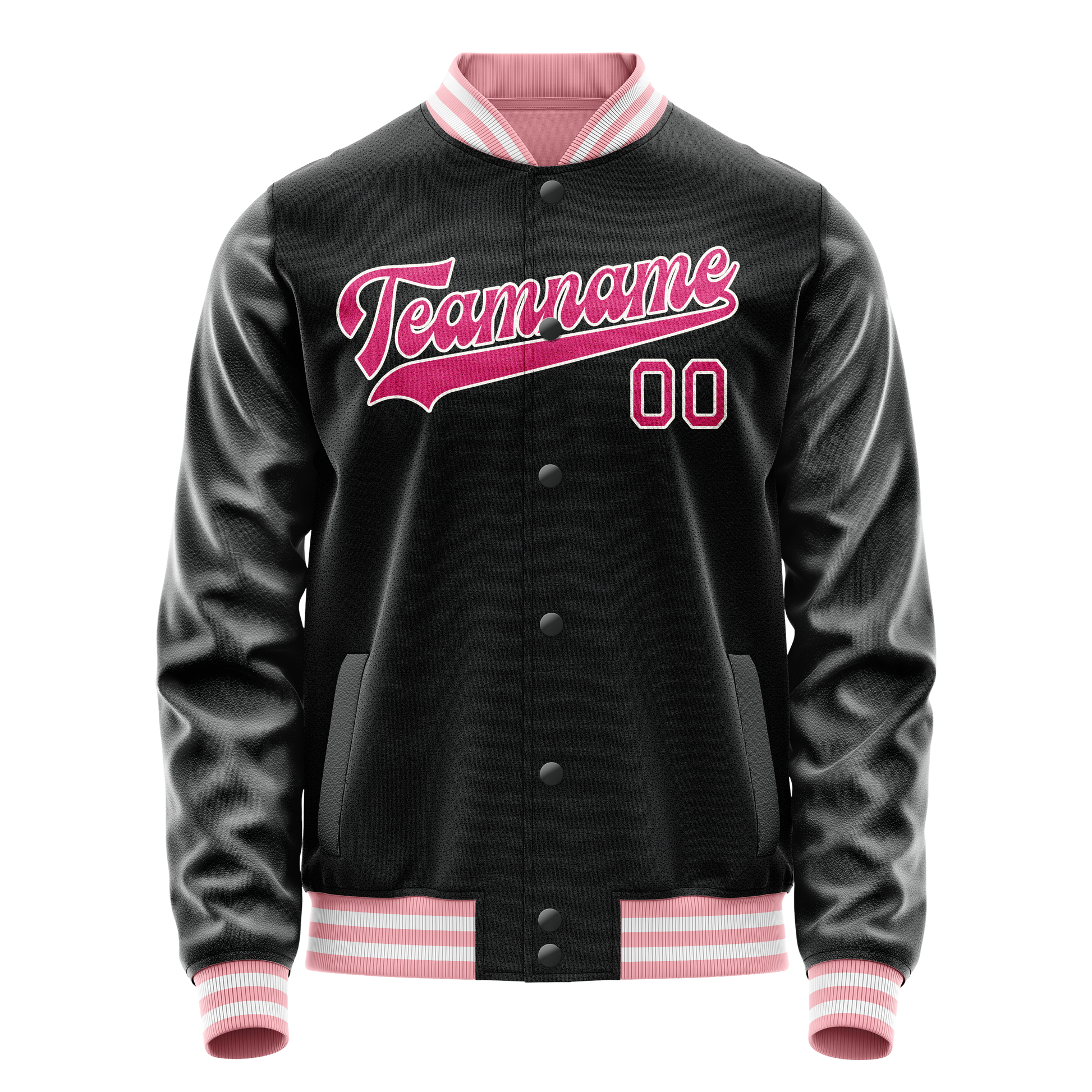 Custom Black Pink Solid Color Varsity Letterman Jacket JA02240617XF014