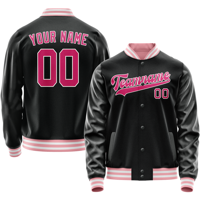 Custom Black Pink Solid Color Varsity Letterman Jacket JA02240617XF014