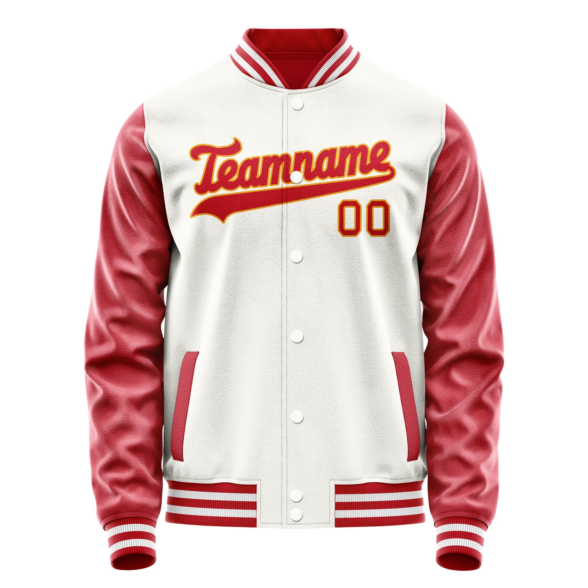 Custom White Red Solid Color Varsity Letterman Jacket JA02240617LH476