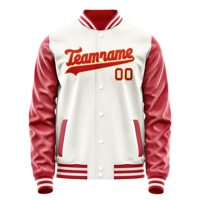 Custom White Red Solid Color Varsity Letterman Jacket JA02240617LH476