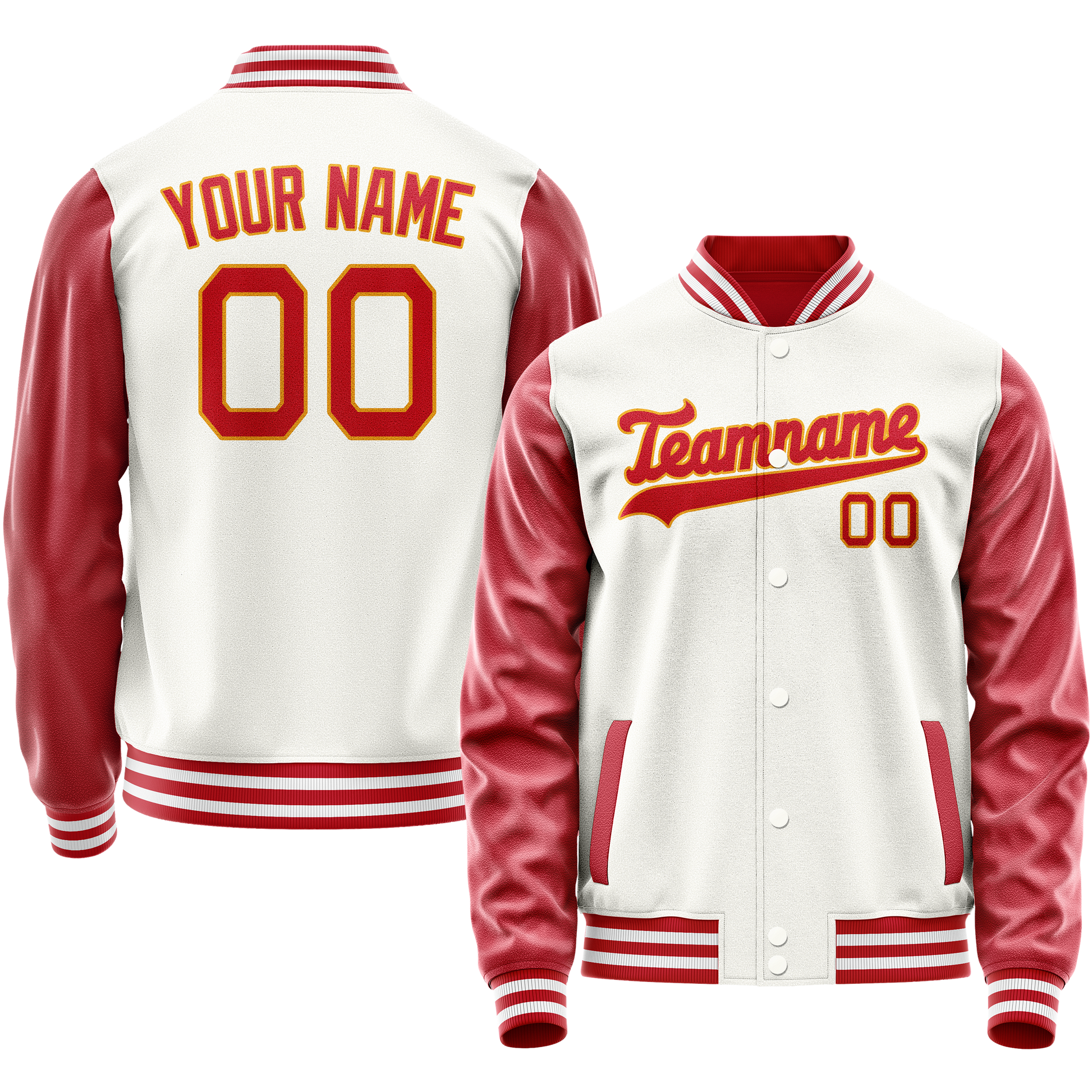 Custom White Red Solid Color Varsity Letterman Jacket JA02240617LH476