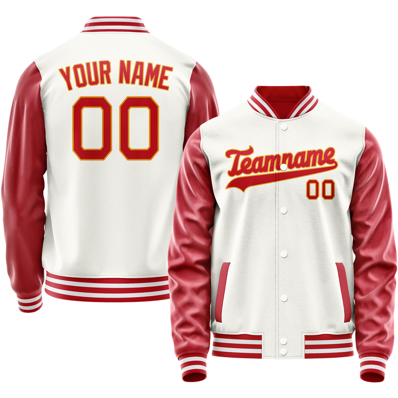 Custom White Red Solid Color Varsity Letterman Jacket JA02240617LH476