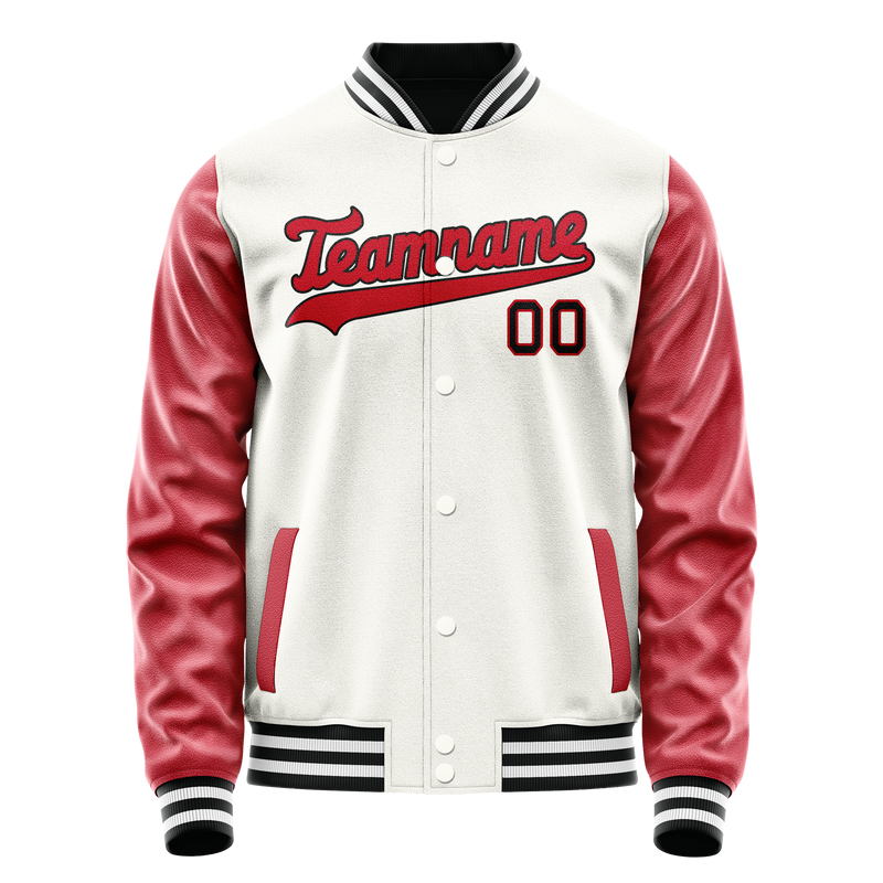 Custom White Red Solid Color Varsity Letterman Jacket JA02240617LH447