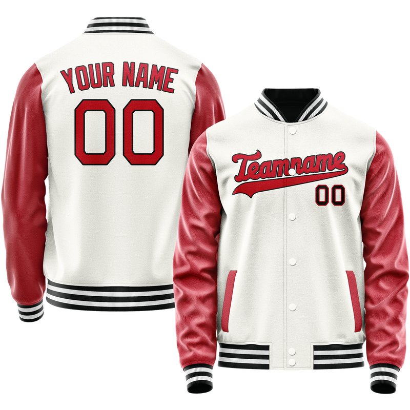 Custom White Red Solid Color Varsity Letterman Jacket JA02240617LH447