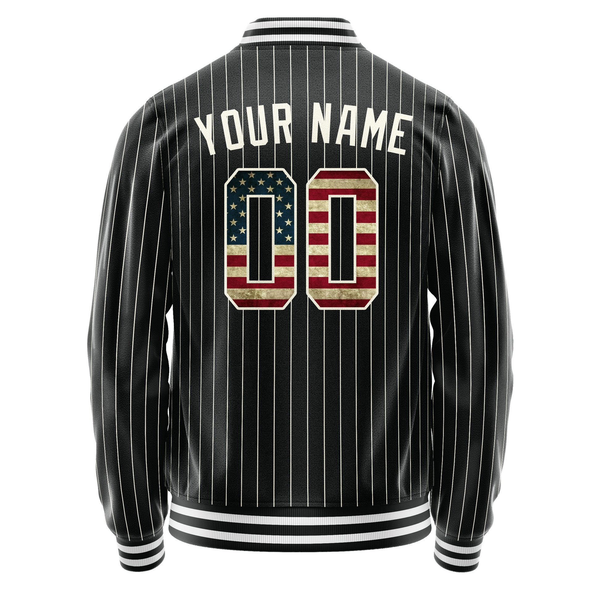 Custom Black Vintage-Usa-Flag Cream Pinstripe Varsity Letterman Jacket JA02240617HF058