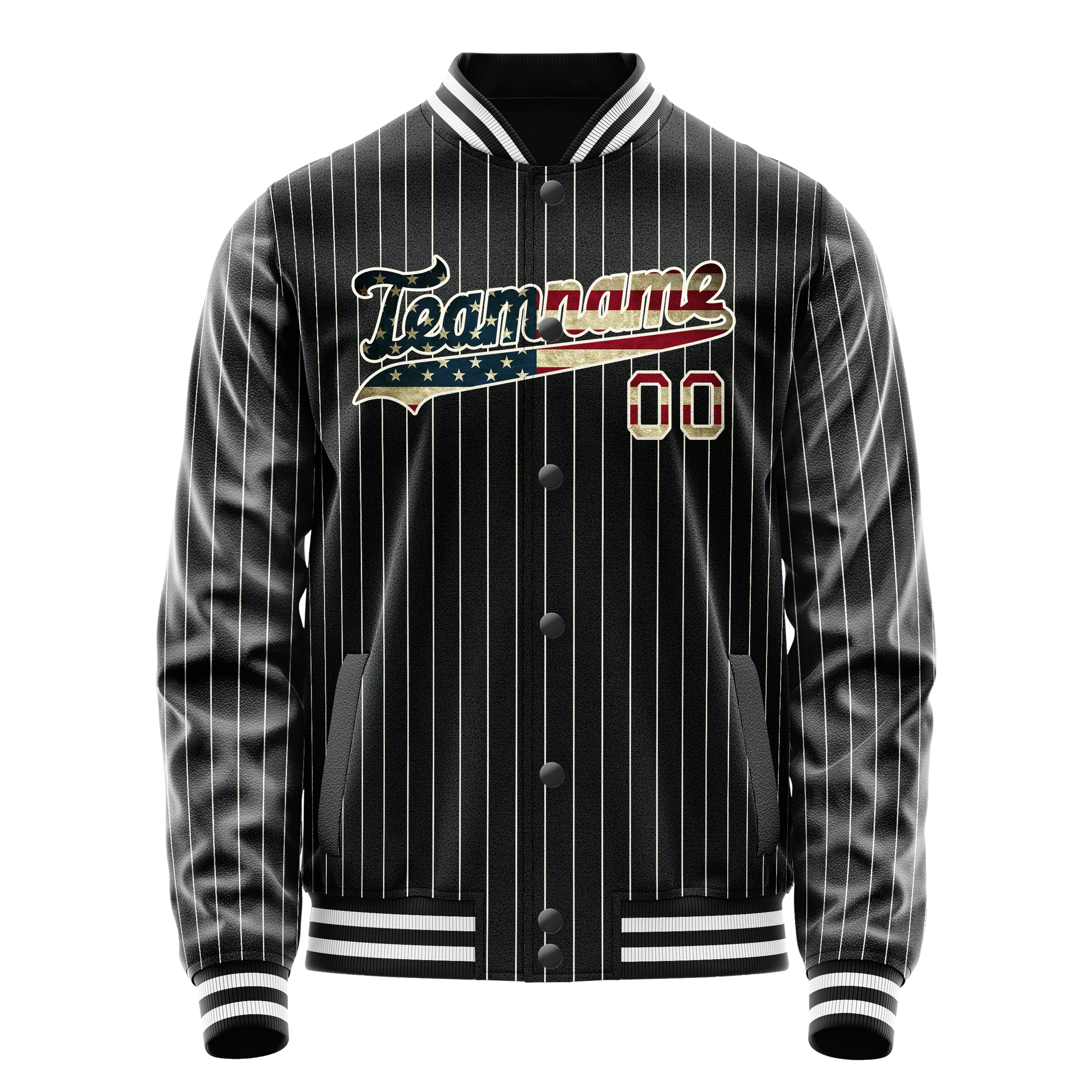 Custom Black Vintage-Usa-Flag Cream Pinstripe Varsity Letterman Jacket JA02240617HF058