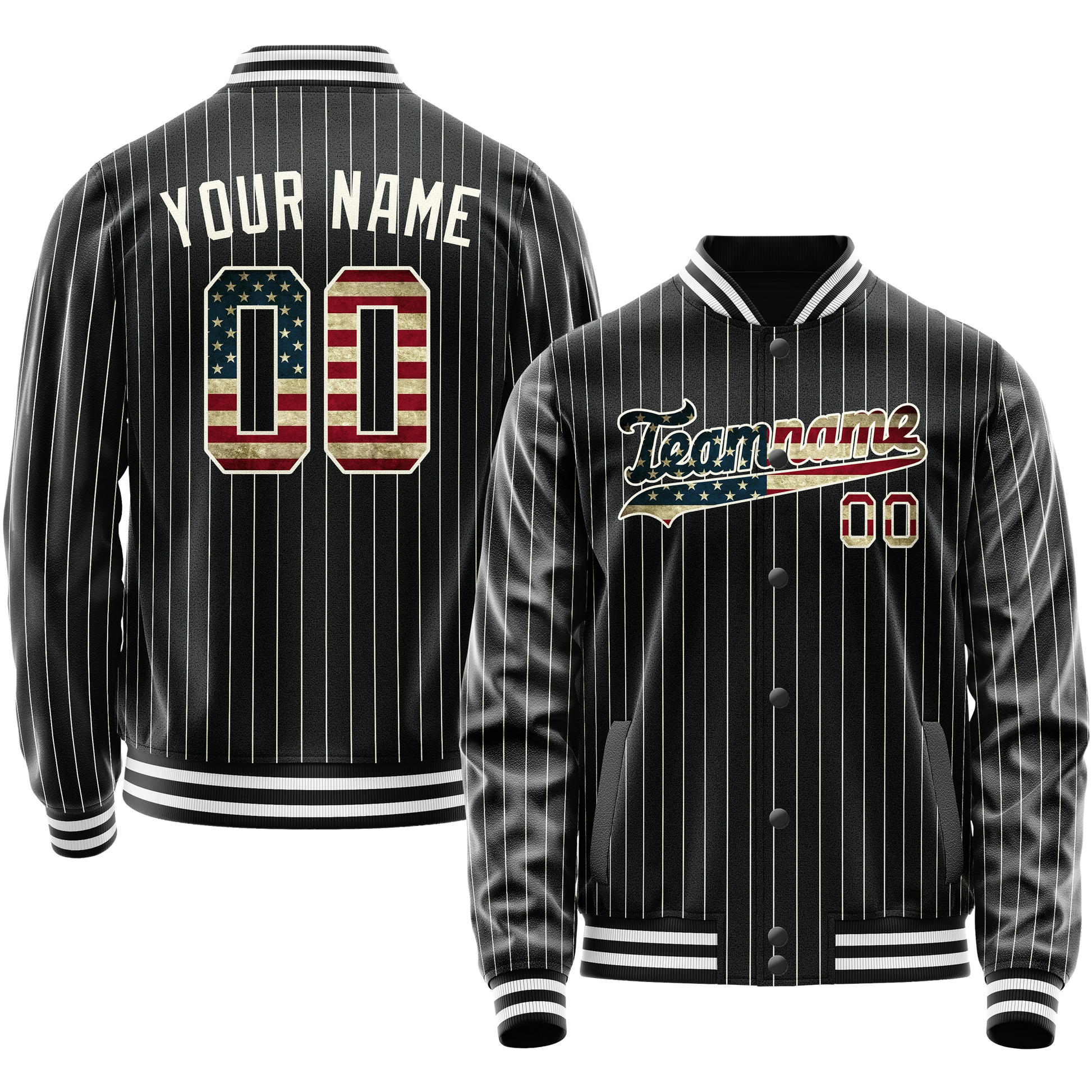 Custom Black Vintage-Usa-Flag Cream Pinstripe Varsity Letterman Jacket JA02240617HF058