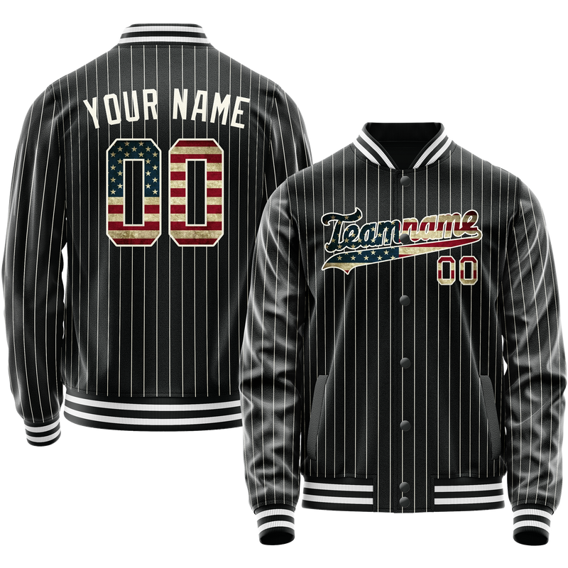 Custom Black Vintage-Usa-Flag Cream Pinstripe Varsity Letterman Jacket JA02240617HF058