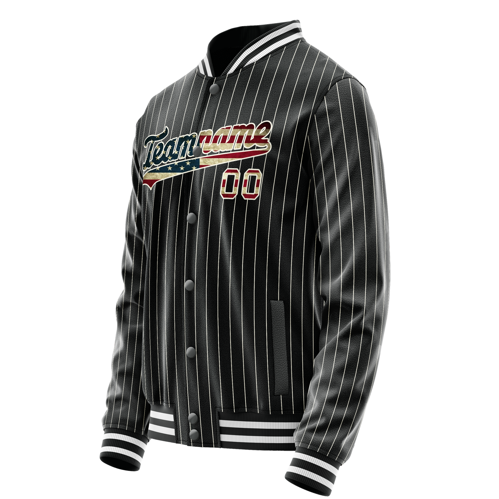 Custom Black Vintage-Usa-Flag Cream Pinstripe Varsity Letterman Jacket JA02240617HF058