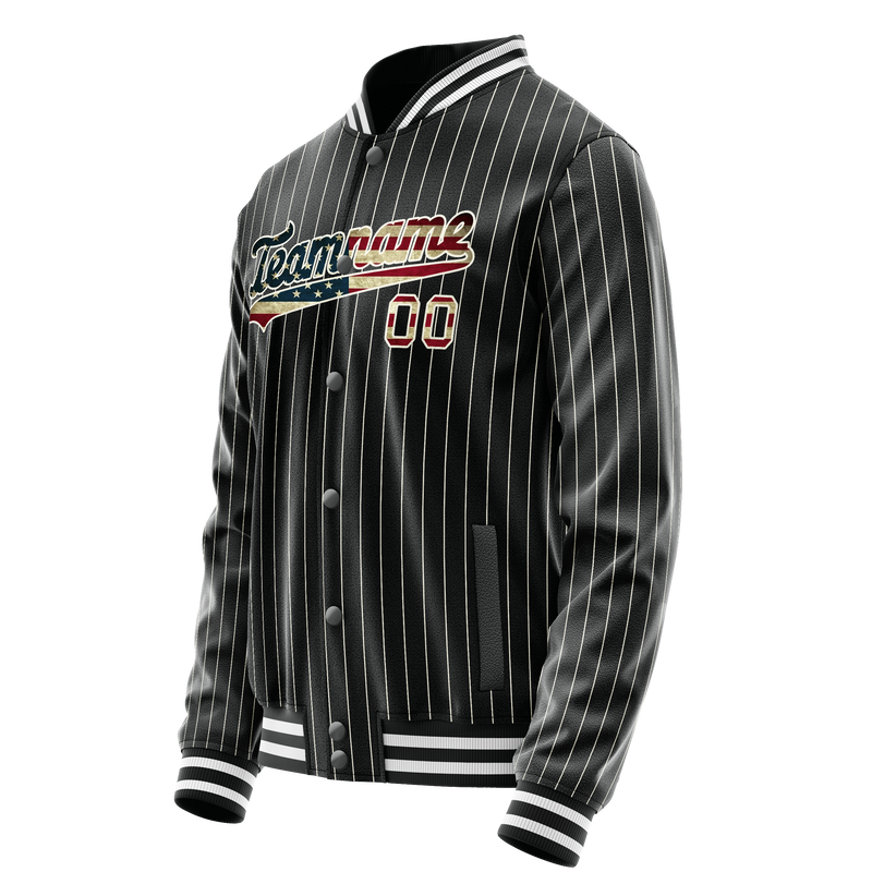 Custom Black Vintage-Usa-Flag Cream Pinstripe Varsity Letterman Jacket JA02240617HF058