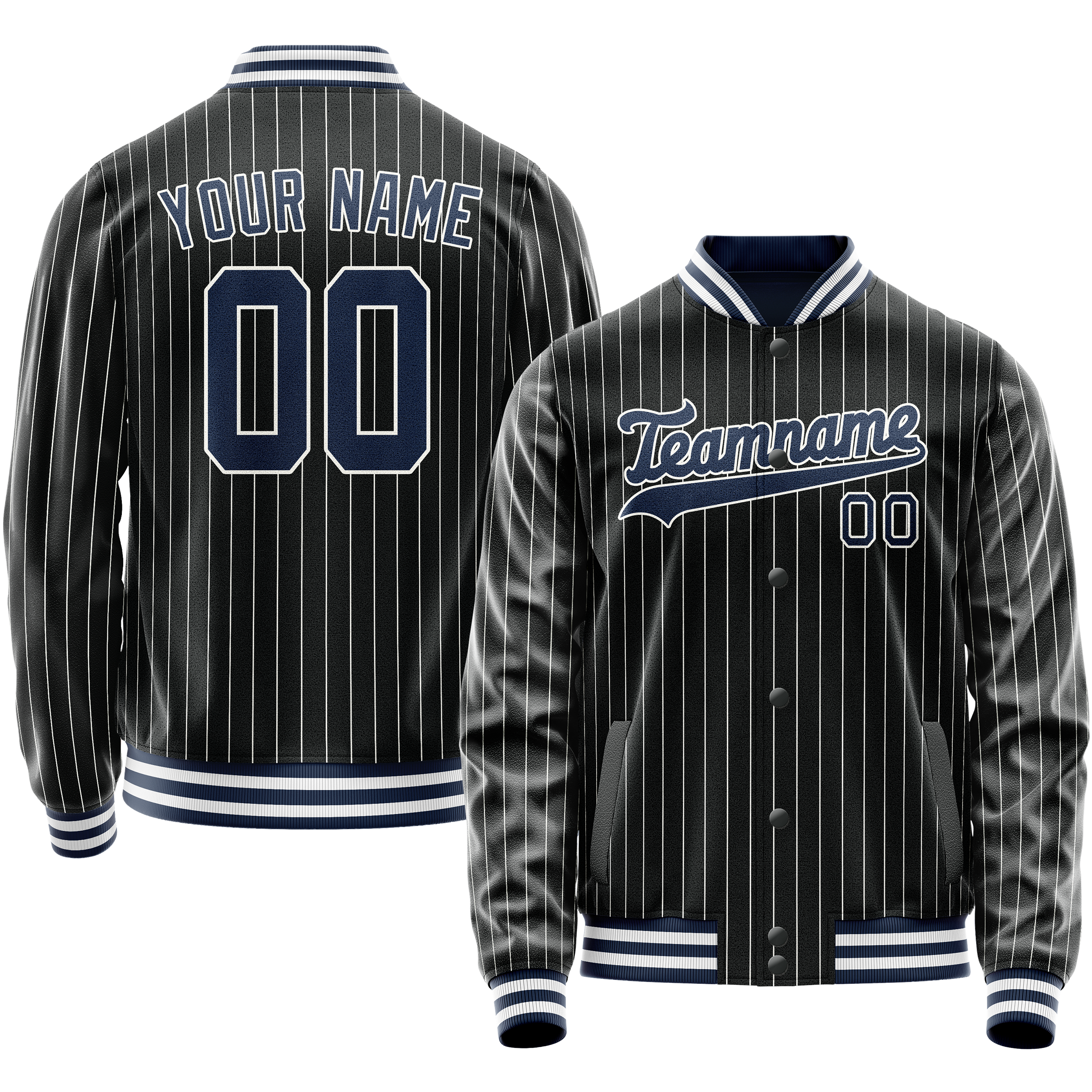 Custom Black Royal White Pinstripe Varsity Letterman Jacket JA02240617HF057