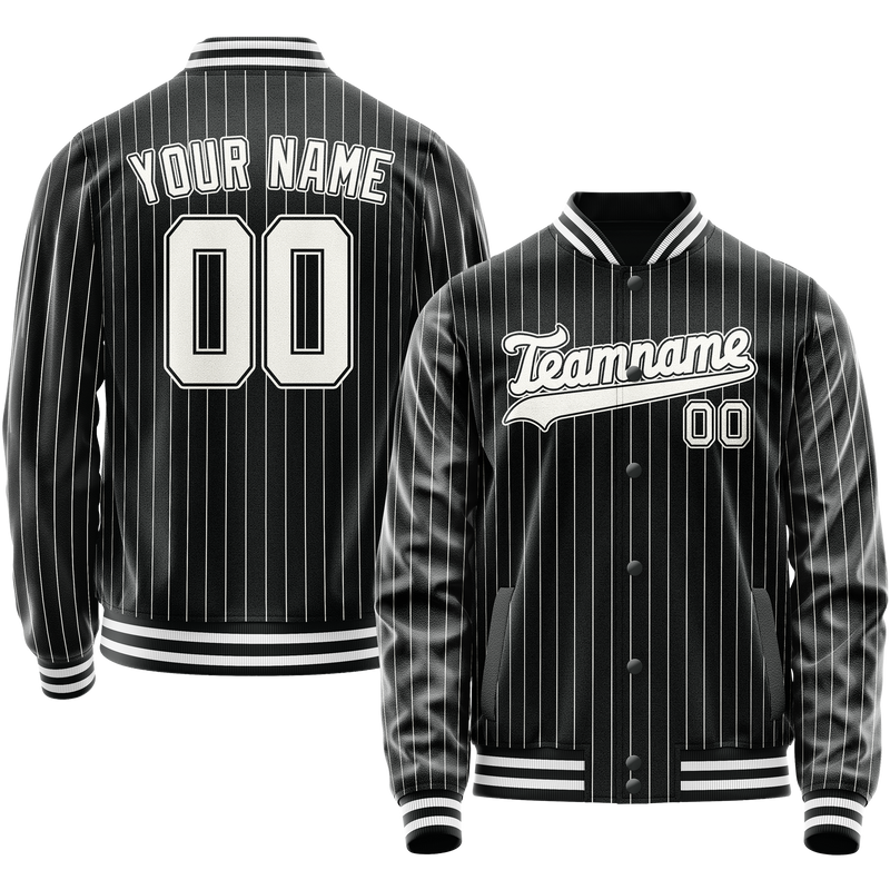 Custom Black White Gray Pinstripe Varsity Letterman Jacket JA02240617HF053