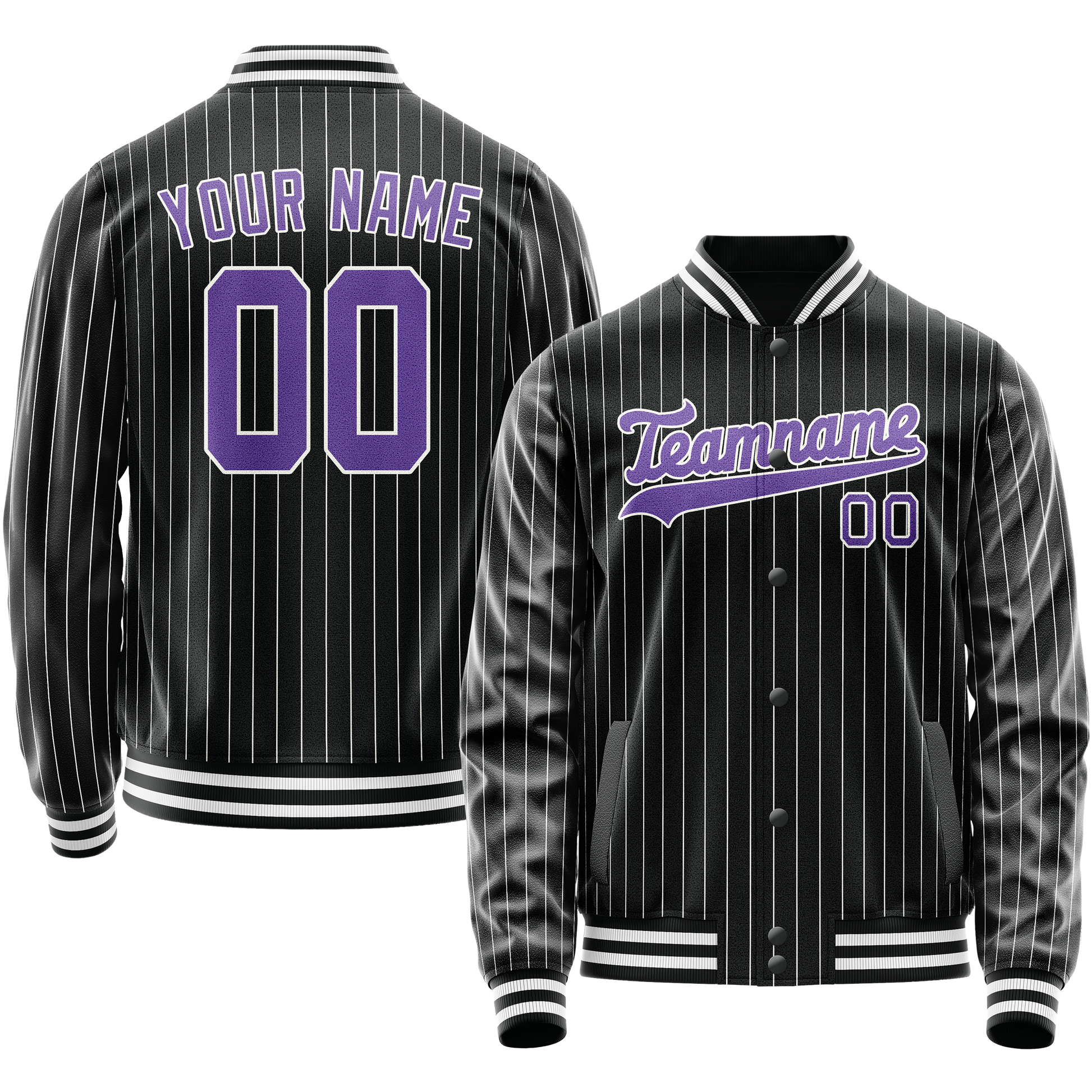 Custom Black Purple Gray Pinstripe Varsity Letterman Jacket JA02240617HF049