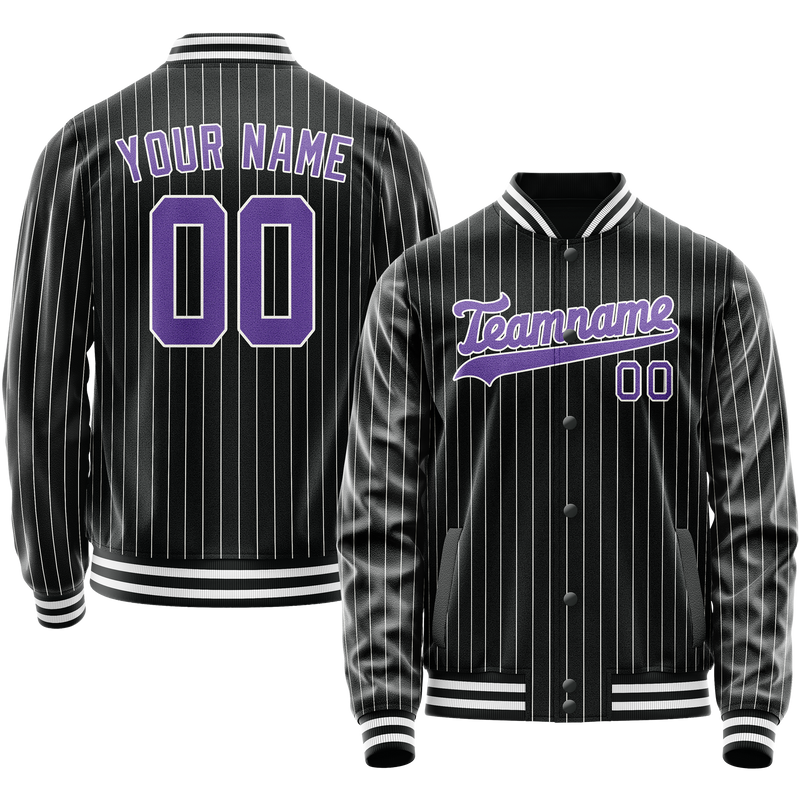 Custom Black Purple Gray Pinstripe Varsity Letterman Jacket JA02240617HF049