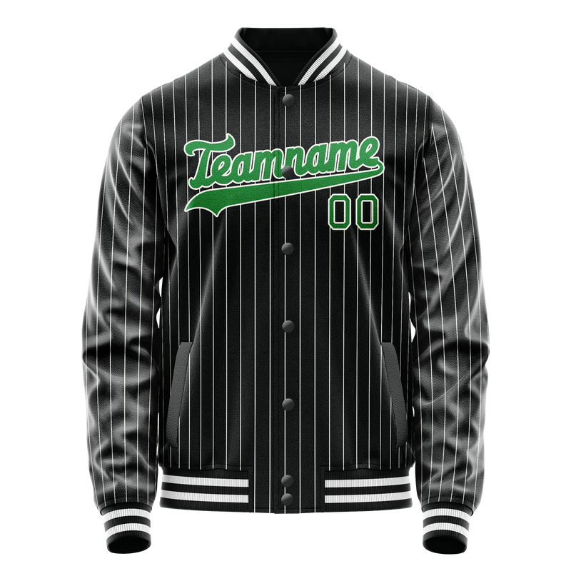 Custom Black Neon-Green Gray Pinstripe Varsity Letterman Jacket JA02240617HF048