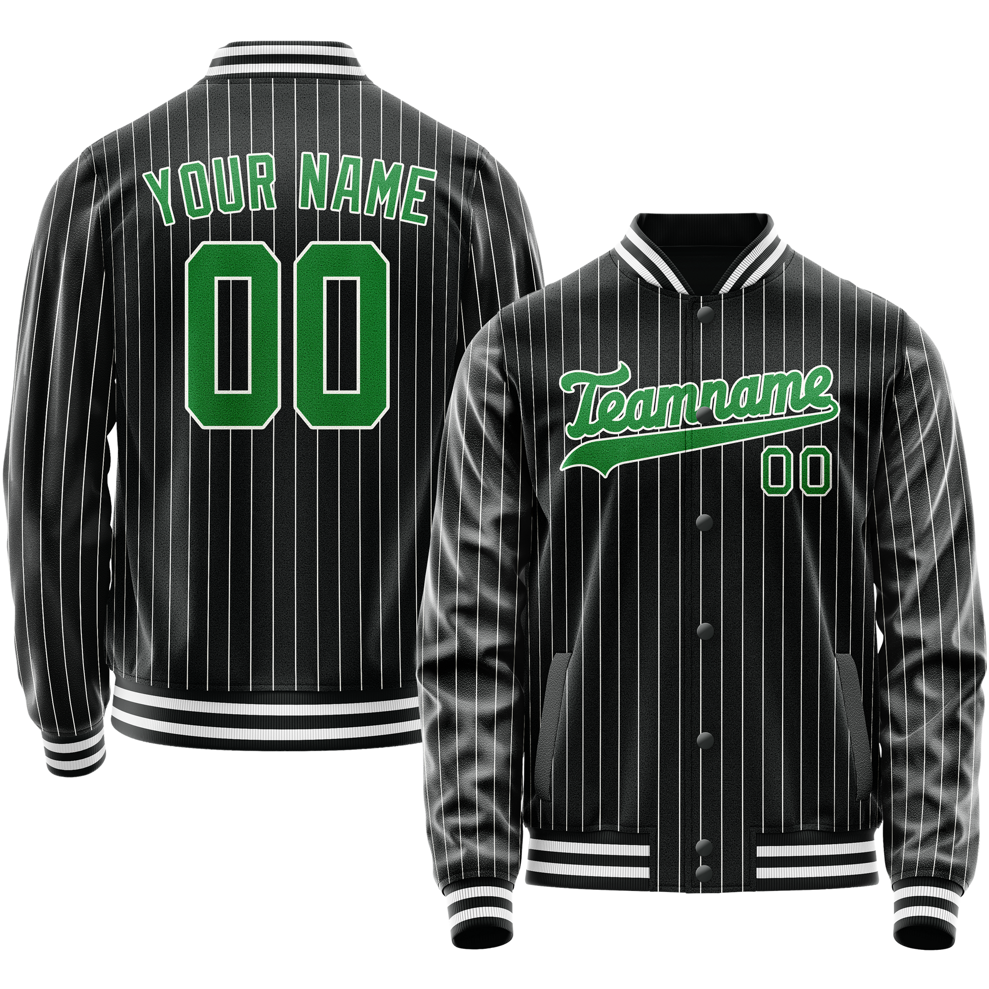 Custom Black Neon-Green Gray Pinstripe Varsity Letterman Jacket JA02240617HF048
