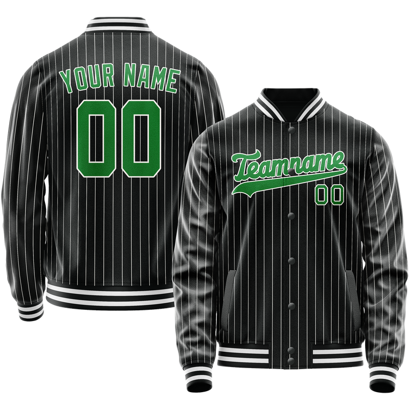 Custom Black Neon-Green Gray Pinstripe Varsity Letterman Jacket JA02240617HF048
