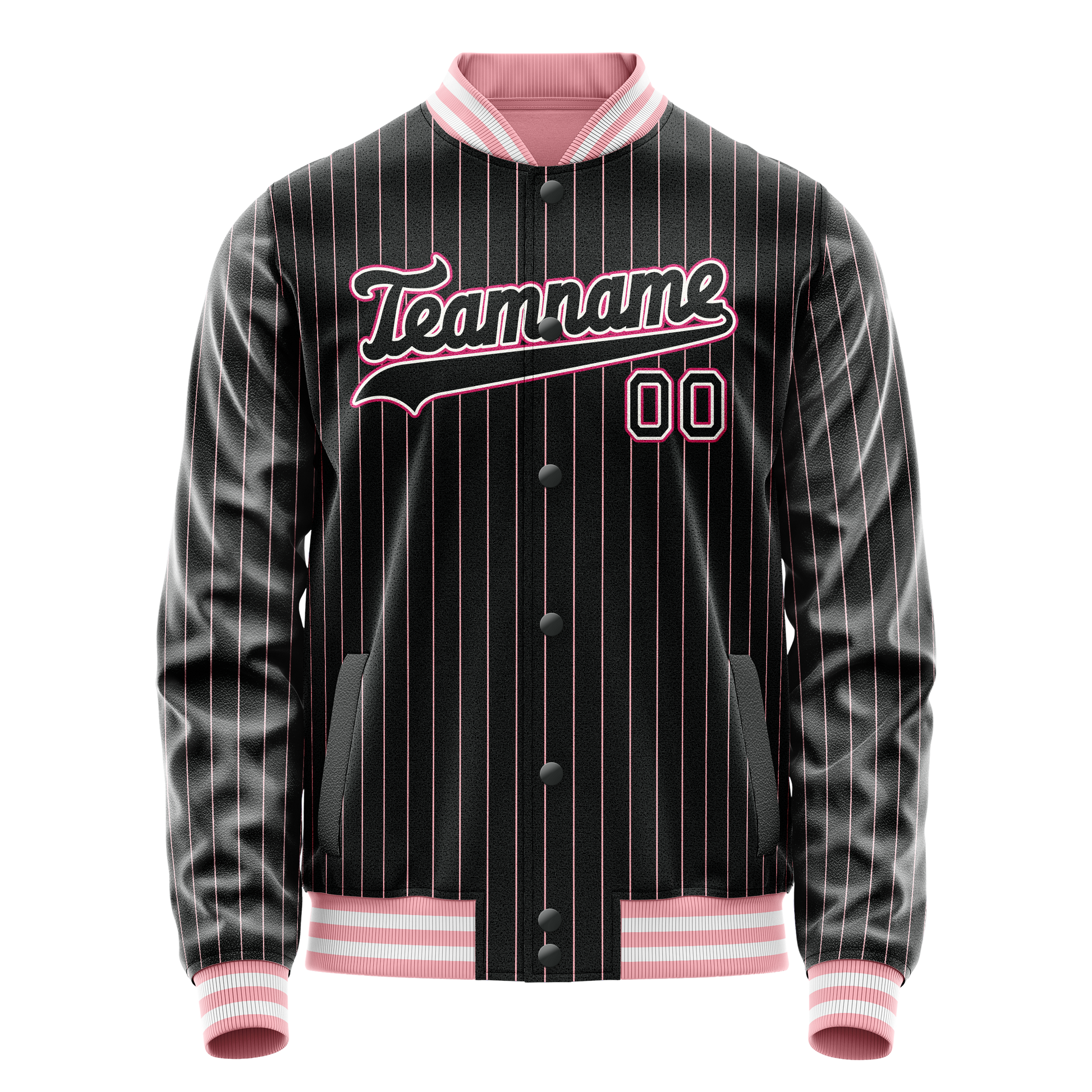 Custom Black Pink Pink Pinstripe Varsity Letterman Jacket JA02240617HF036