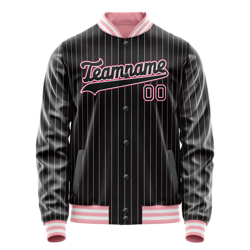 Custom Black Pink Pink Pinstripe Varsity Letterman Jacket JA02240617HF036