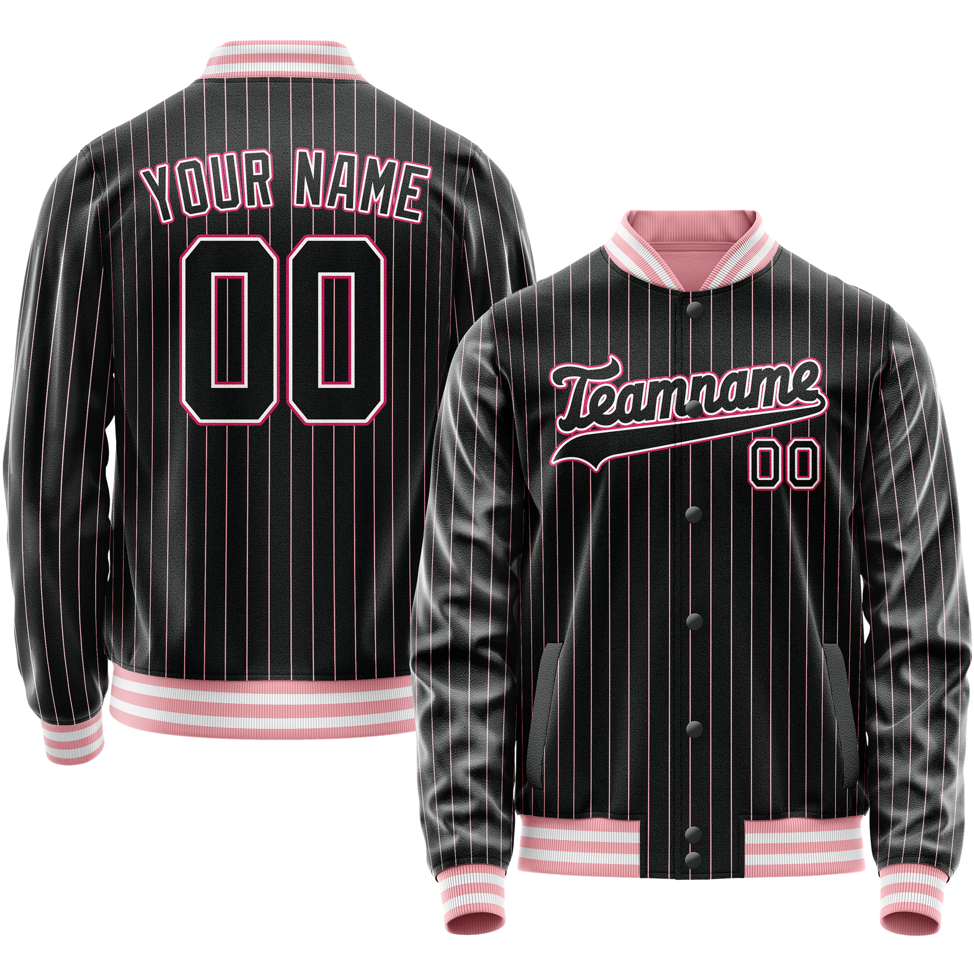 Custom Black Pink Pink Pinstripe Varsity Letterman Jacket JA02240617HF036